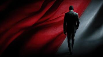 Man in suit walking toward large flag backdrop while shadows create a dramatic atmosphere photo