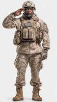 Military personnel saluting in tactical gear during daytime training exercise in a desert environment photo