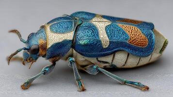 Shimmering blue and gold beetle displayed on a smooth surface, showcasing its intricate patterns and colors in high detail photo