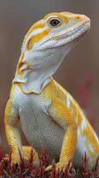 Colorful lizard basking in warm sunlight with vibrant flora in the background at an outdoor setting photo