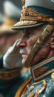 Military officer saluting during a rainy parade with details of elaborate uniform and historical insignia photo