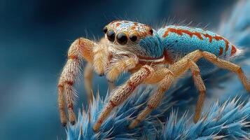 Colorful spider perched on a soft, fuzzy surface in a close-up view during daylight hours photo