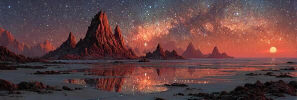 Stunning landscape with mountains and a reflective body of water under a starry sky at sunset photo
