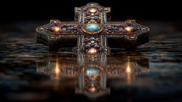 Intricate decorative cross lying on a reflective surface with brilliant gemstones, captured in low light settings photo
