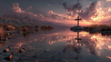 Serene sunset reflection with a cross by a tranquil body of water in a mountainous landscape photo