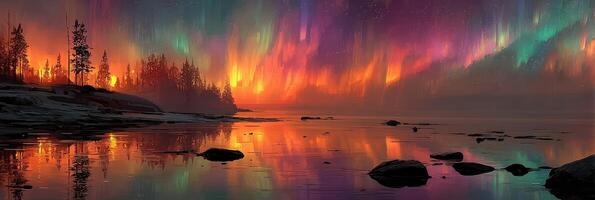 Colorful northern lights illuminate serene lakeside landscape at dusk with reflections and silhouettes of trees in the foreground photo