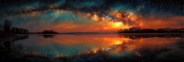 Breathtaking twilight view of the starry sky reflecting over a calm lake at dusk photo