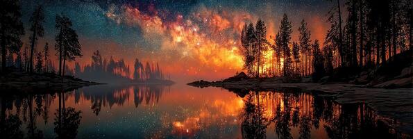Stunning night sky with vibrant colors reflected in tranquil water at a serene lake surrounded by tall trees photo