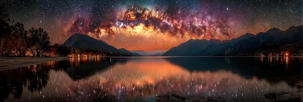Stunning celestial display over tranquil lake at night with mountains in the background photo