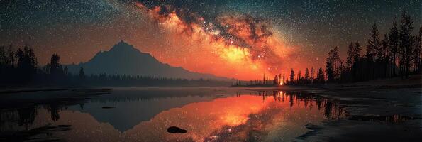 Stunning night sky with stars and Milky Way reflecting on tranquil lake near mountain at twilight photo