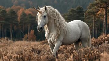 Magical unicorn wandering through a tranquil forest meadow during autumn's golden hour photo