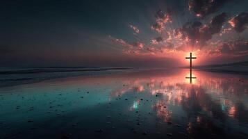Cross reflecting on a peaceful beach during a stunning sunset with colorful clouds and calm waters photo