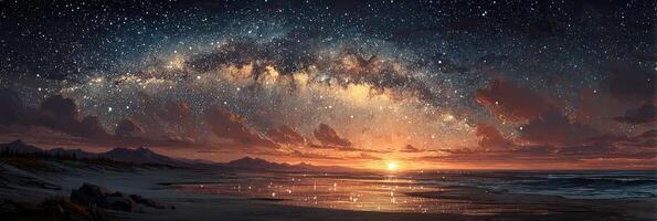 Vibrant sunset over a tranquil beach under a spectacular starry sky at twilight photo