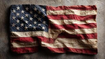 Old and worn American flag displayed on a textured surface in soft light, showcasing its vintage character and historical significance photo