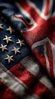 Detailed close-up of the American and British flags intertwined, showcasing their colors and patterns during a commemorative event photo