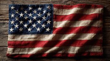 Vintage American flag displayed on rustic wooden surface highlighting its rich colors and textures photo