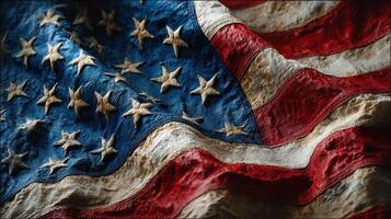 Waving fabric of the American flag captures details of stars and stripes in vivid colors and textures on a clear day photo