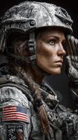 Female soldier in tactical gear salutes with determination during a military training exercise at dusk photo