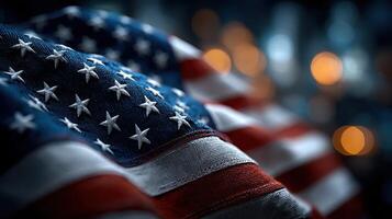 American flag waving gracefully under soft lighting, symbol of patriotism and unity among the people of the United States photo