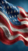 American flag waving proudly against a blue background, showcasing its vibrant colors and intricate details, symbolizing national pride and unity photo