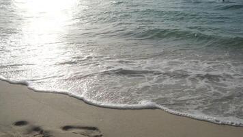 A tranquil beach shows gentle waves and footprints in the sand video