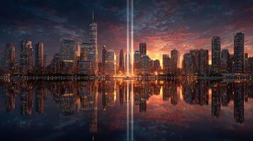 City skyline at dusk reflecting shimmering lights with beams reaching into the sky photo