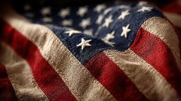 Close-up of a worn American flag, rich in color and texture, bathed in soft light, showcasing its enduring pride and history photo