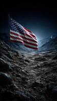 Flag standing on the moon's surface under a dark sky highlighting the alien landscape and majestic mountains in the background photo