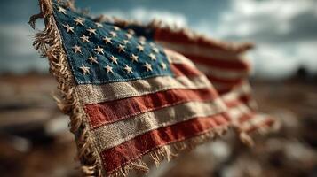 Weathered American flag waving in a strong breeze against a cloudy sky on a distant landscape photo