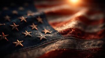 Detailed close-up of an American flag revealing texture, colors, and light effects at sunset photo