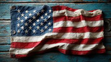 Waving American flag on weathered wooden surface showcasing patriotic colors and texture details photo