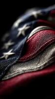 Close-up view of a weathered American flag showcasing intricate fabric textures and vibrant colors photo