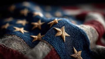 Close-up view of an American flag showcasing intricate stitching details on fabric, highlighting national pride and craftsmanship photo