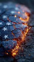 Cracked pavement featuring glowing lava effect and star symbols depicting a distressed flag at twilight photo