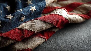 Worn American flag draped on a textured surface highlighting its historical significance and patriotic symbolism photo