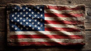 Rustic American flag displayed on weathered wood, showcasing vintage charm and patriotic colors in a warm setting photo