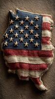 Flag-inspired textile representation of state shaped like Illinois with stars and stripes detail photo