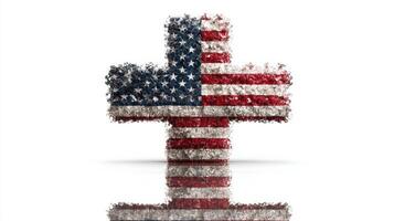 Creative representation of a cross featuring the American flag design reflecting on a white background during daytime photo