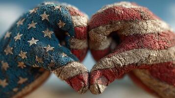Two hands covered in American flag colors forming a heart shape against a blue sky backdrop photo