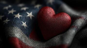 Heart resting on American flag fabric symbolizing patriotism and love for the country photo