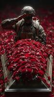 Soldier paying respect at a memorial surrounded by red roses in a solemn and reflective atmosphere photo