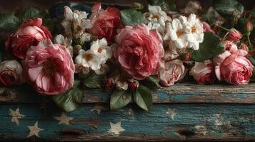 Beautiful arrangement of roses and flowers on a weathered blue wooden surface with a star motif photo