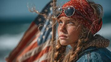 Young girl with freckles holds American flag on beach during sunny day with ocean in the background photo