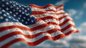 Waving American flag against a clear blue sky symbolizing freedom and unity during a sunny day photo