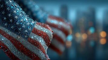 Rain-kissed American flags drape elegantly in a blurred cityscape at night photo