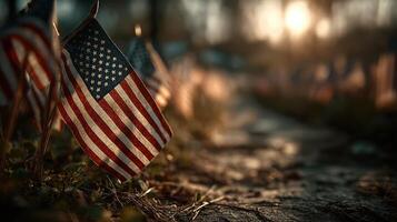 Flags decorate a quiet pathway at sunset in a memorial park honoring service members photo