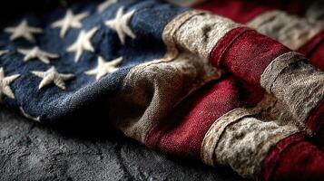 Worn American flag lying on textured surface showcasing its faded colors and vintage fabric details photo