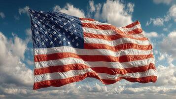 Waving American flag against a backdrop of blue sky and fluffy clouds during a sunny day photo
