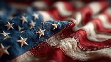 Close up view of an American flag highlighting fabric textures and vibrant colors in natural light photo