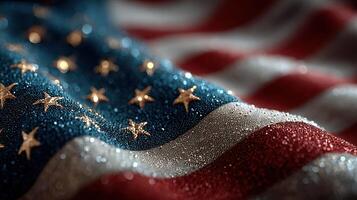 Close-up view of wet American flag with droplets sparkling under light during a patriotic celebration photo